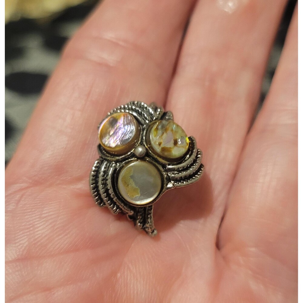 Bohemian Mother of Pearl Three-Stone Ring: Adjustable Silver Plated Band